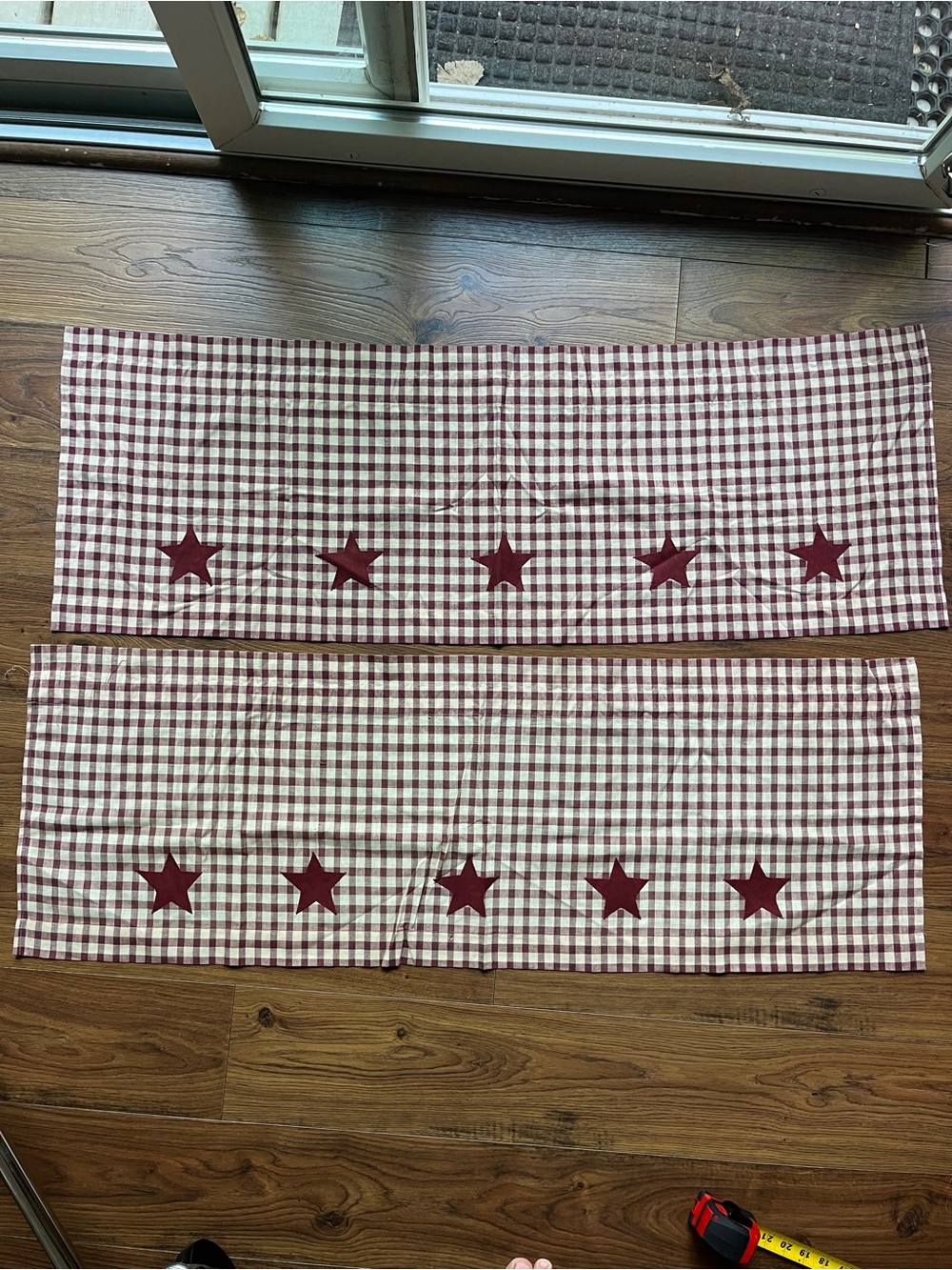 Vintage Burgundy Gingham Star Window Valances - Pair